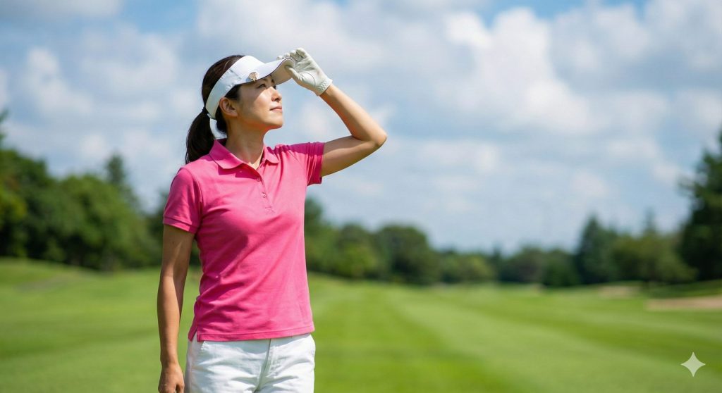 のゴルフ場で日差しを浴びながらプレーする女性ゴルファー