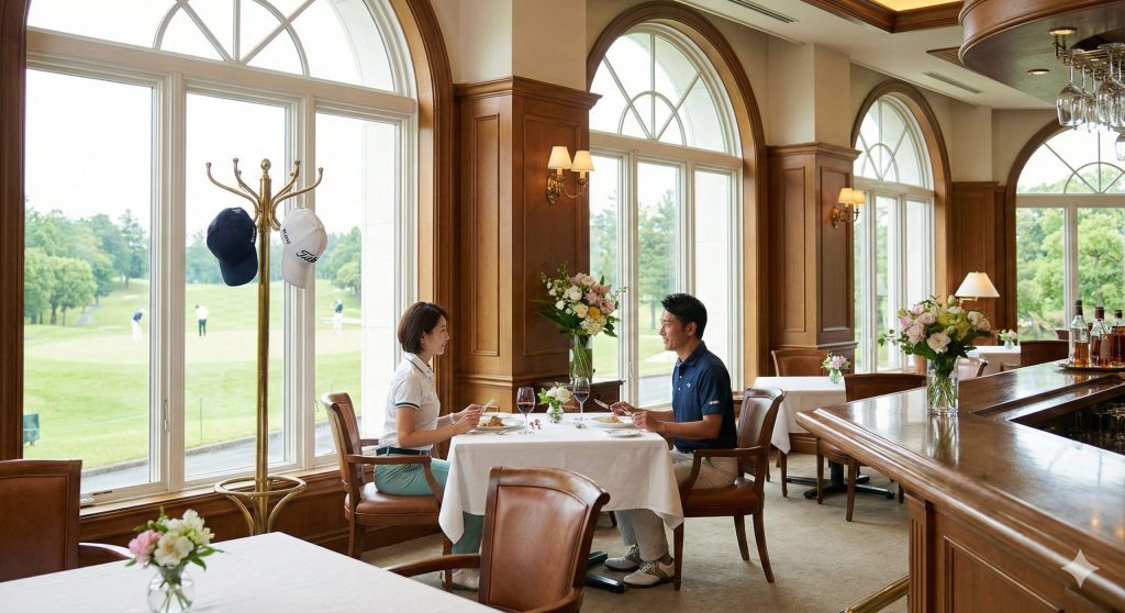 ゴルフ場のクラブハウス内レストランで食事を楽しむゴルファー