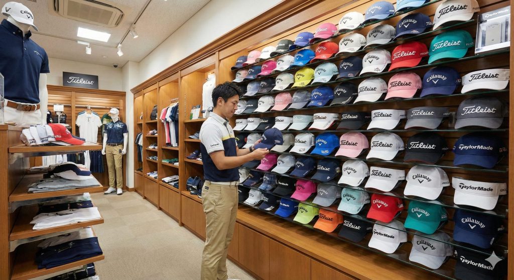 ゴルフ場のプロショップで帽子を選ぶ男性