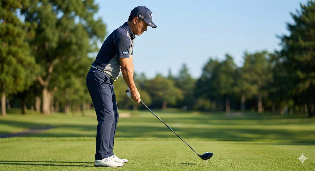 正しくキャップをかぶってティーショットを構える男性ゴルファー