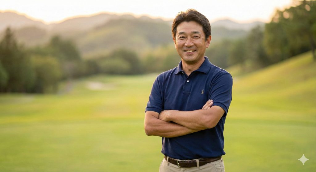 ゴルフコースで微笑むベテランゴルフインストラクター