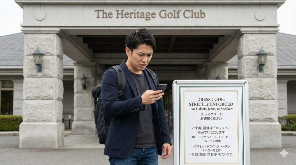 ゴルフ場のドレスコードに困惑する若手ビジネスマン