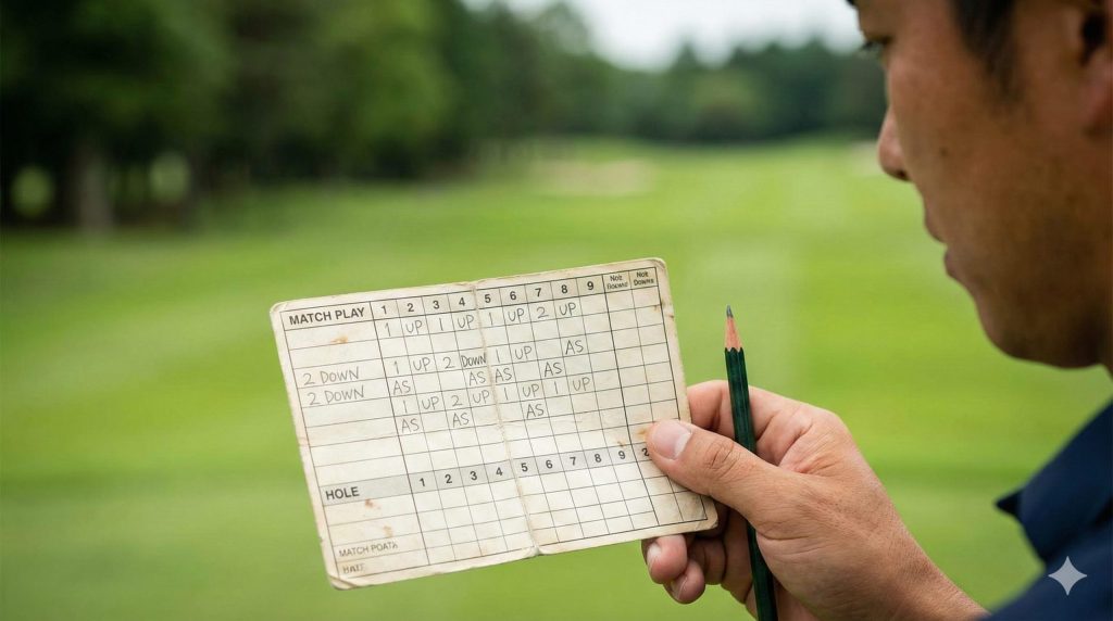 マッチプレーのスコアカードのアップ。「UP」「DOWN」などの記載が見える。