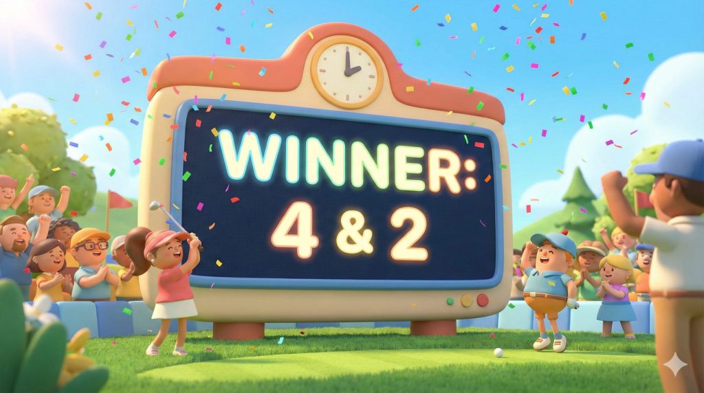 ゴルフのスコアボードに「4 & 2」という勝利結果が表示されている3Dイラスト。