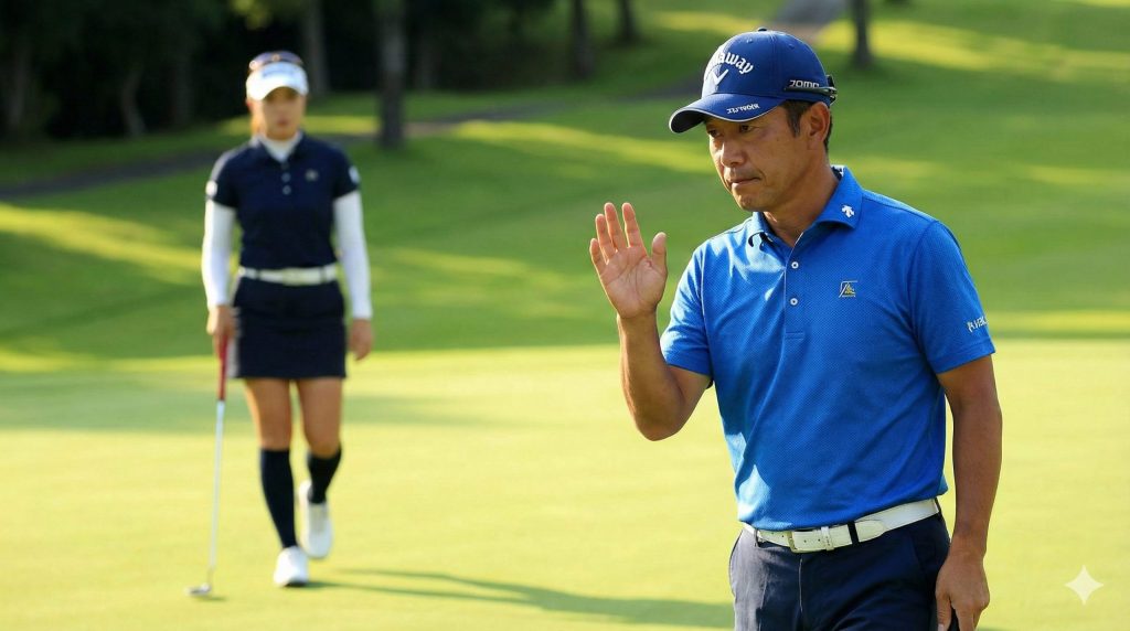 グリーン上で相手のパットに対してコンシード（OK）を出す日本人男性ゴルファー。