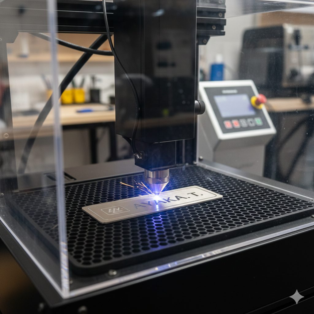  刻印機で名入れ作業中の様子