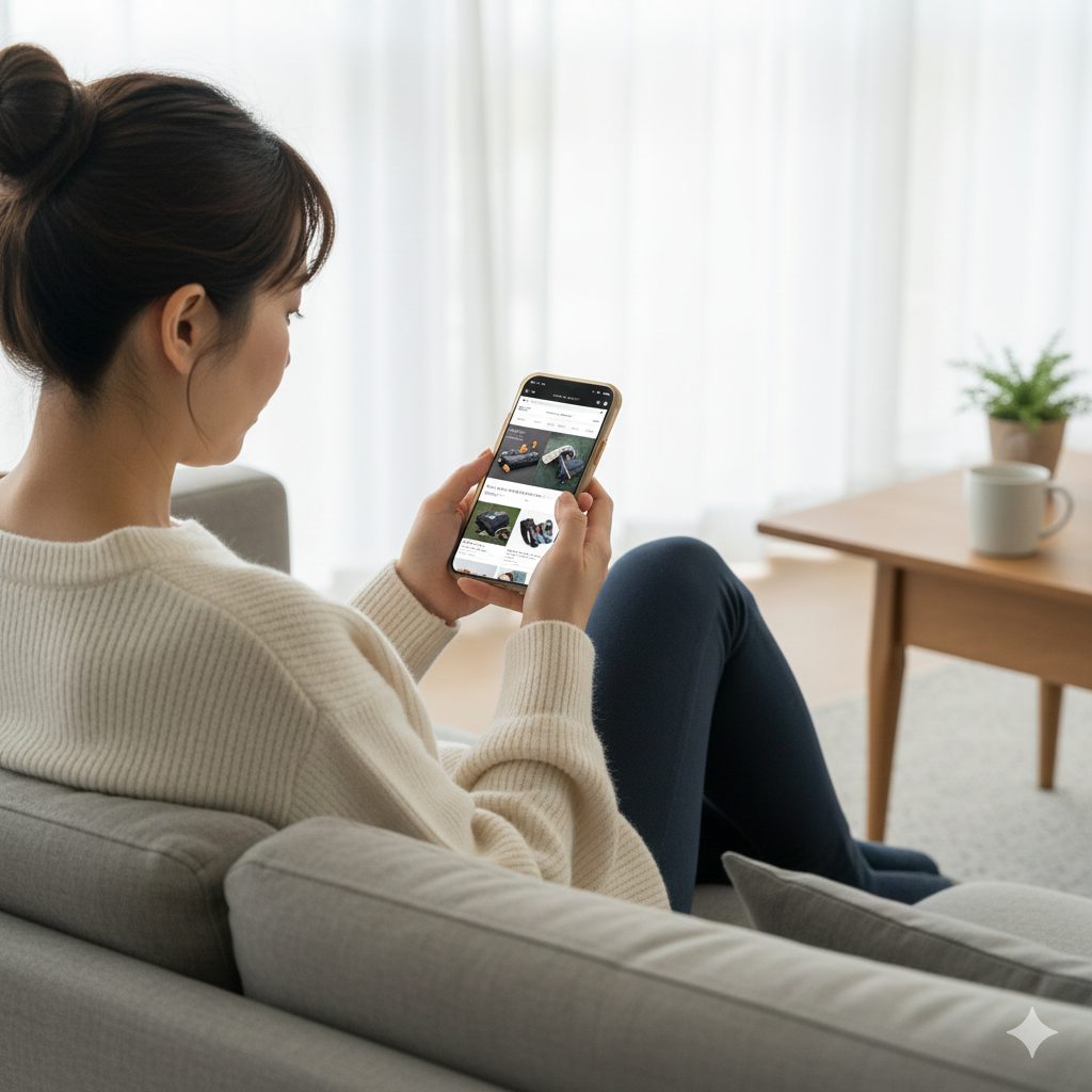 スマートフォンでネームプレートを注文する女性