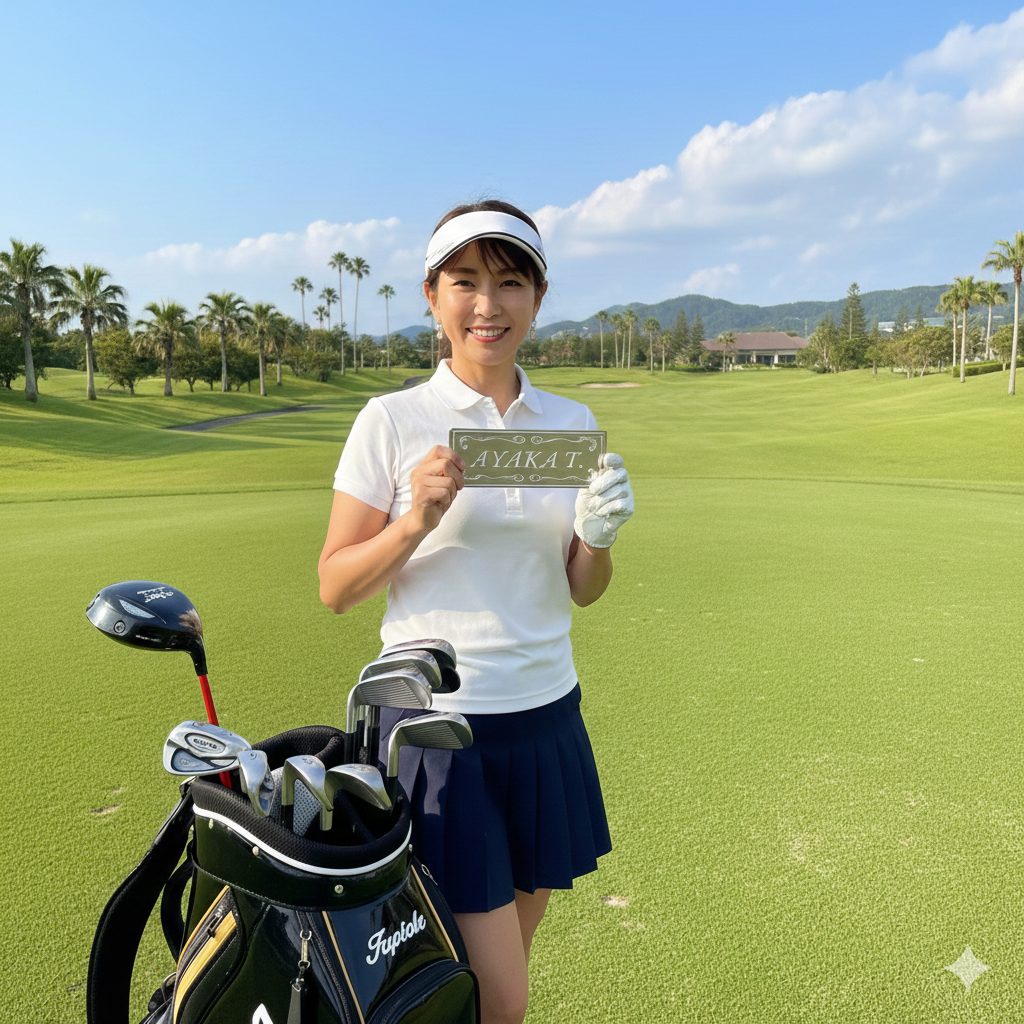 ネームプレート付きキャディバッグを持つ女性ゴルファー