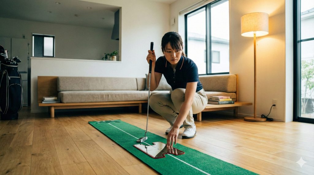 自宅のリビングでパターマットと練習器具を使ってパッティング練習をする女性ゴルファー