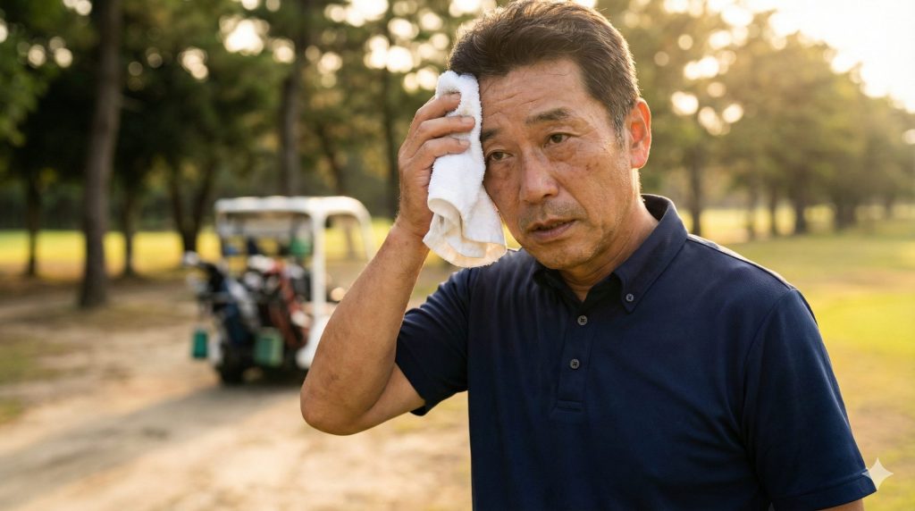 18ホールのラウンド中に疲労を感じる中年ゴルファー