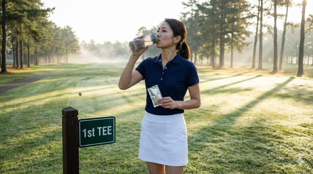 ラウンド前にサプリメントを飲む女性ゴルファー