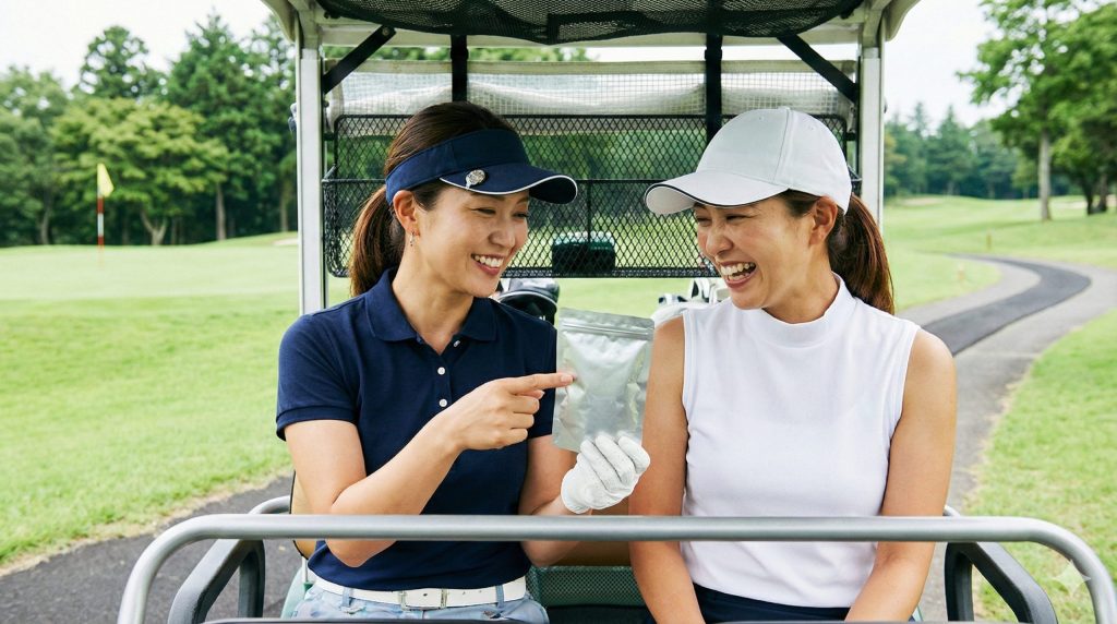 ゴルフ仲間とサプリメントについて話す様子