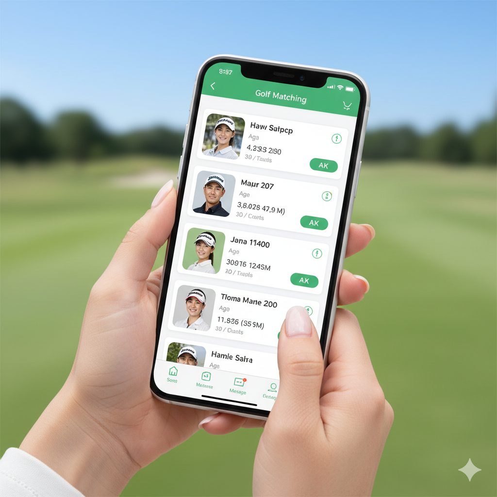ゴルマチアプリの画面を操作する女性の手元