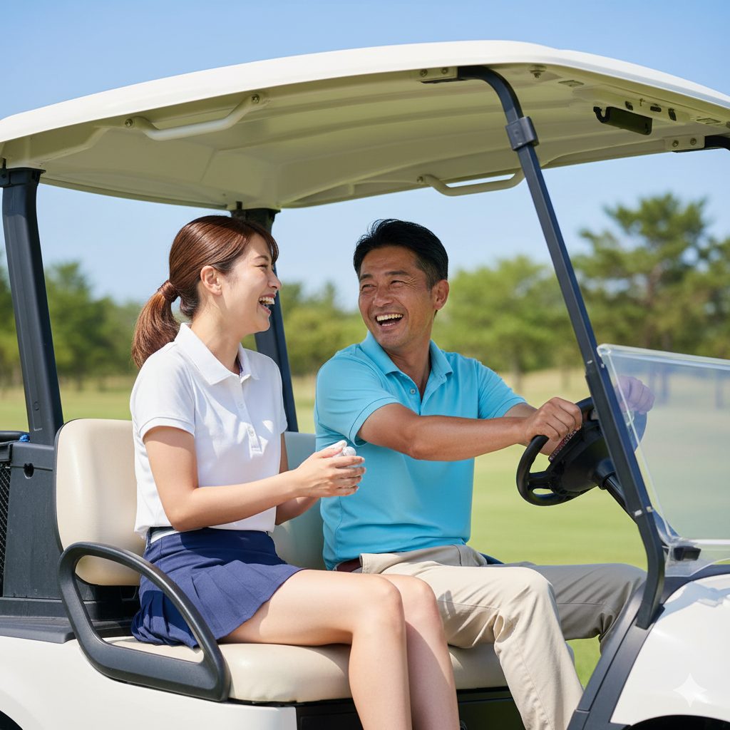 ゴルフ場で楽しそうに会話する男女ゴルファー
