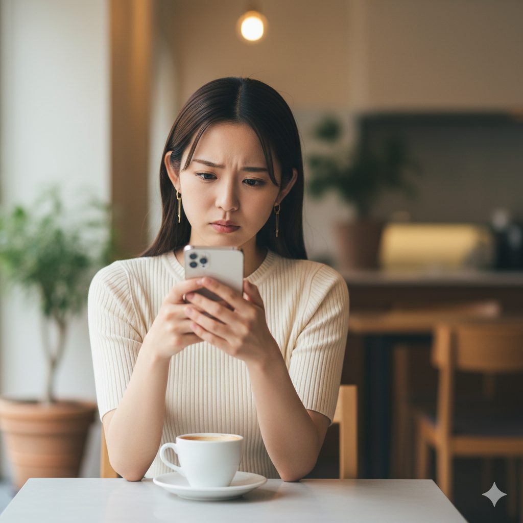 スマホを見ながら考え込む女性