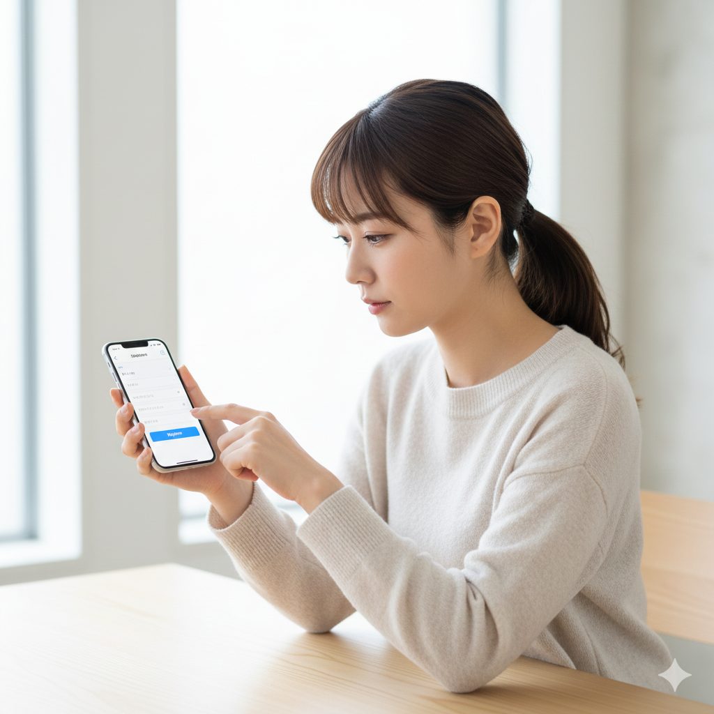 スマホでアプリ登録を行う女性