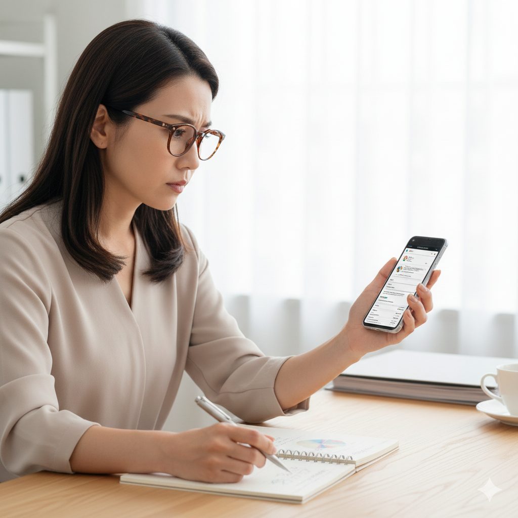 スマホの情報を慎重に確認する女性