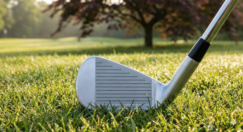 芝生の上に置かれたキャビティバックアイアンのクローズアップ