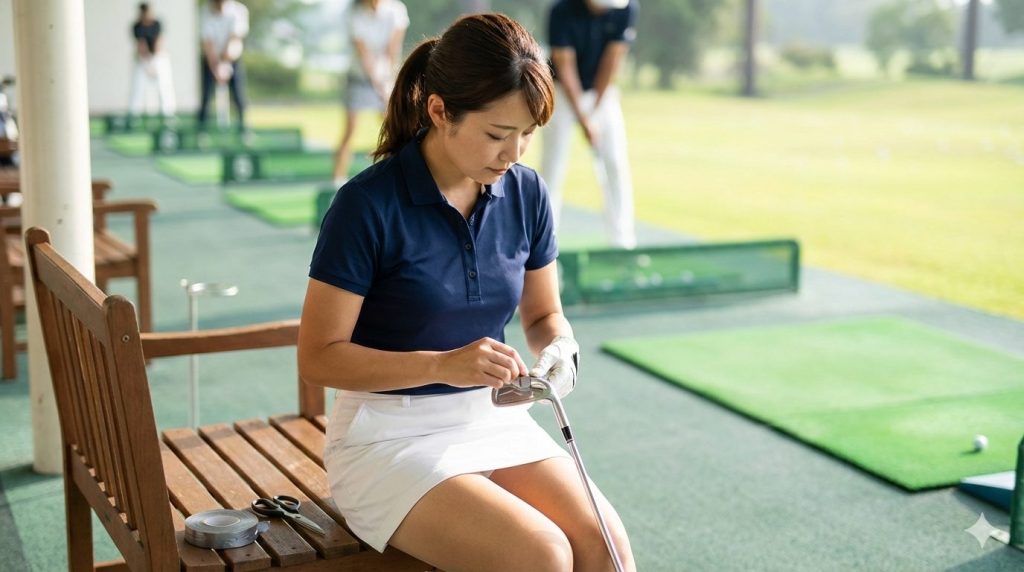 アイアンのヘッドに鉛テープを貼る女性ゴルファー