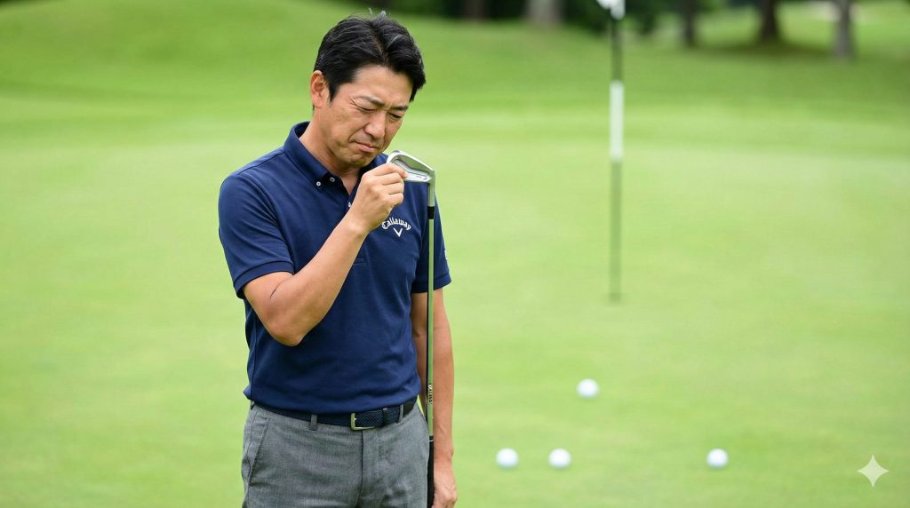 アイアンヘッドを確認する男性ゴルファー