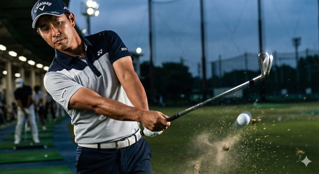 練習場でアイアンショットを打つ40代男性ゴルファー