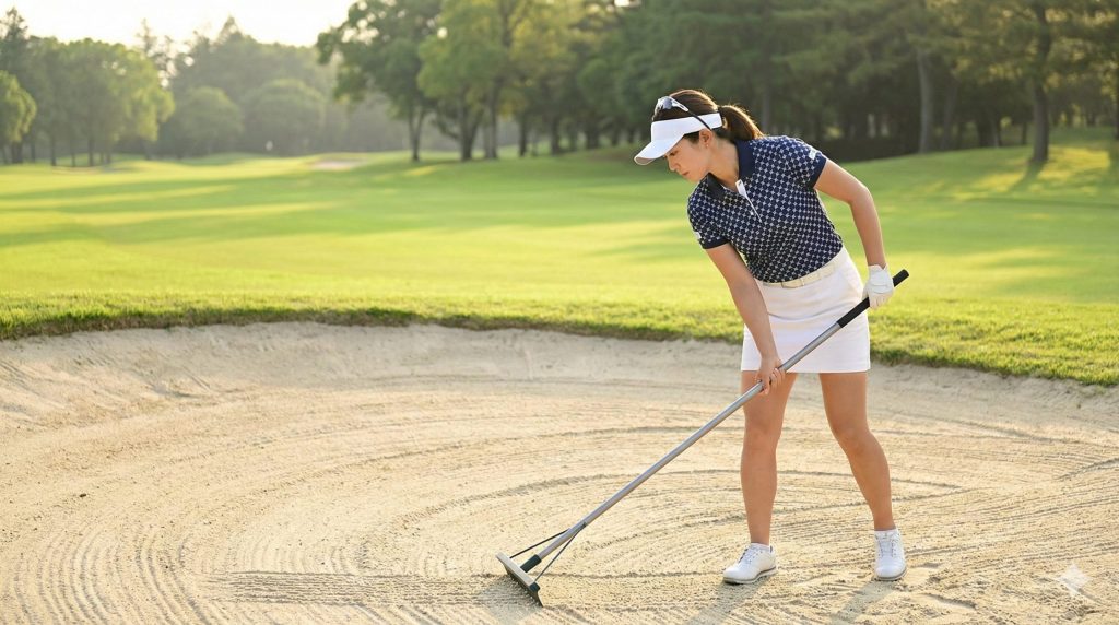 バンカーは砂を「なでる」ようにならすのがコツ