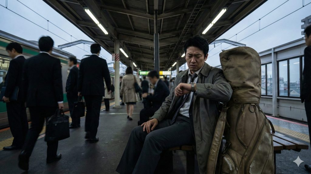 休日にゴルフに向かう疲れた表情のサラリーマン