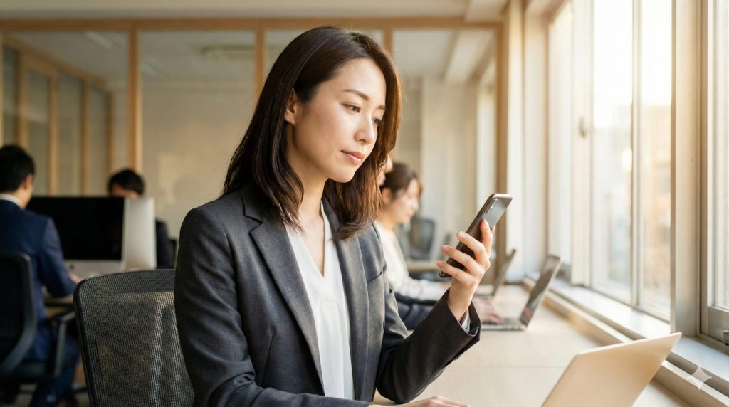 マートフォンでメッセージを送る日本人ビジネスパーソン