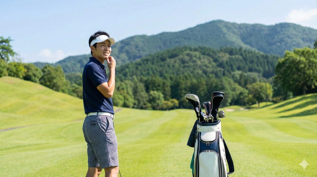 ゴルフコースで前向きに過ごそうとする若手社員