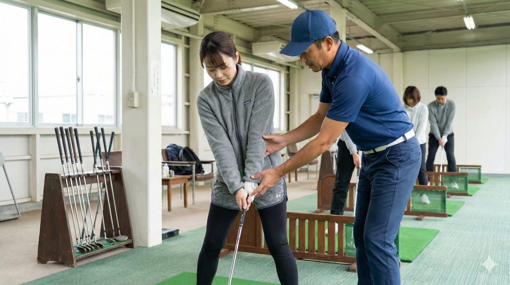 ゴルフ練習場で初心者レッスンを受ける女性