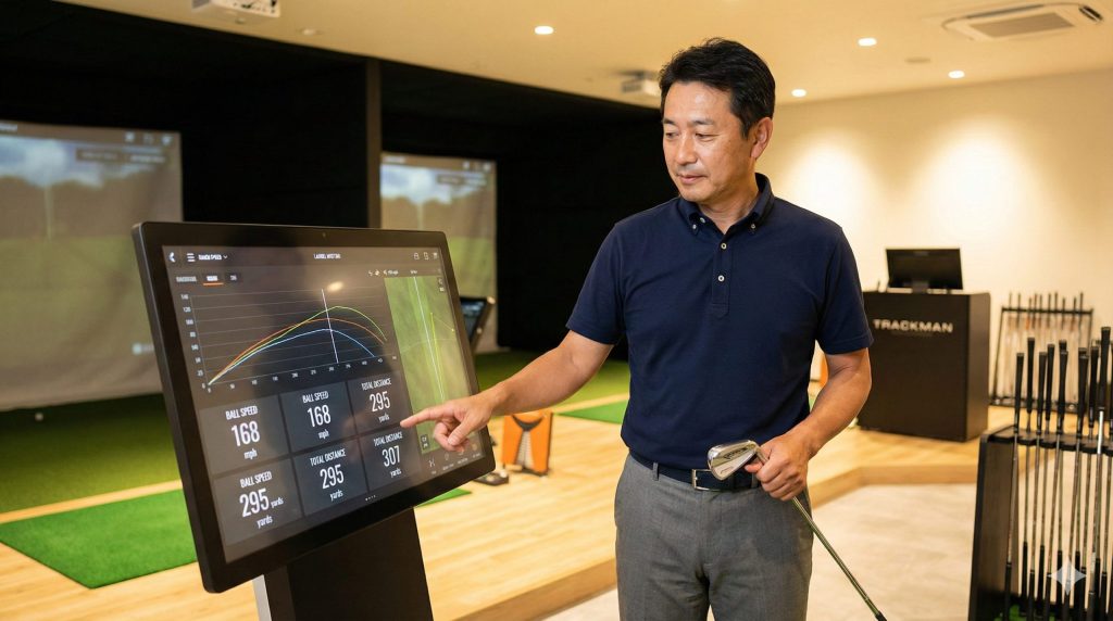 ゴルフ弾道測定器を見る日本人ゴルファー