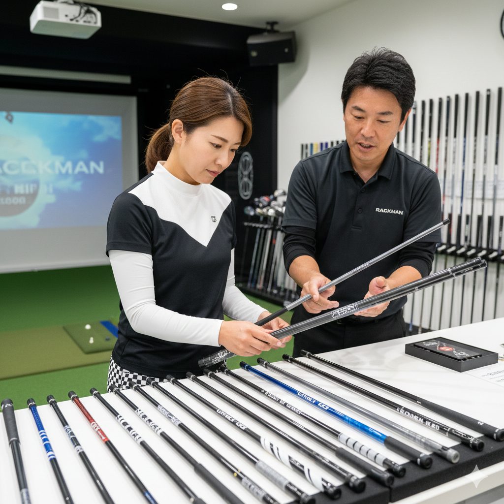 フィッティングでシャフト選びをする日本人ゴルファー