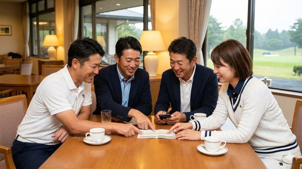 コンペでのハンディキャップ計算を確認する参加者たち