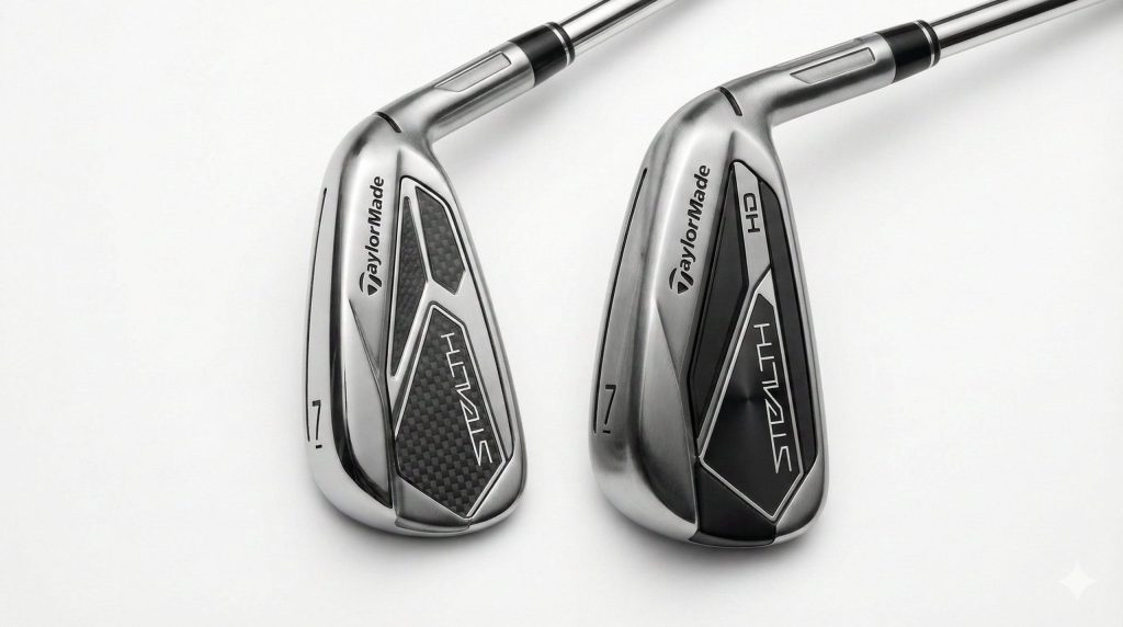 ステルスアイアンのヘッド形状とトウラップテクノロジーを見せる構図