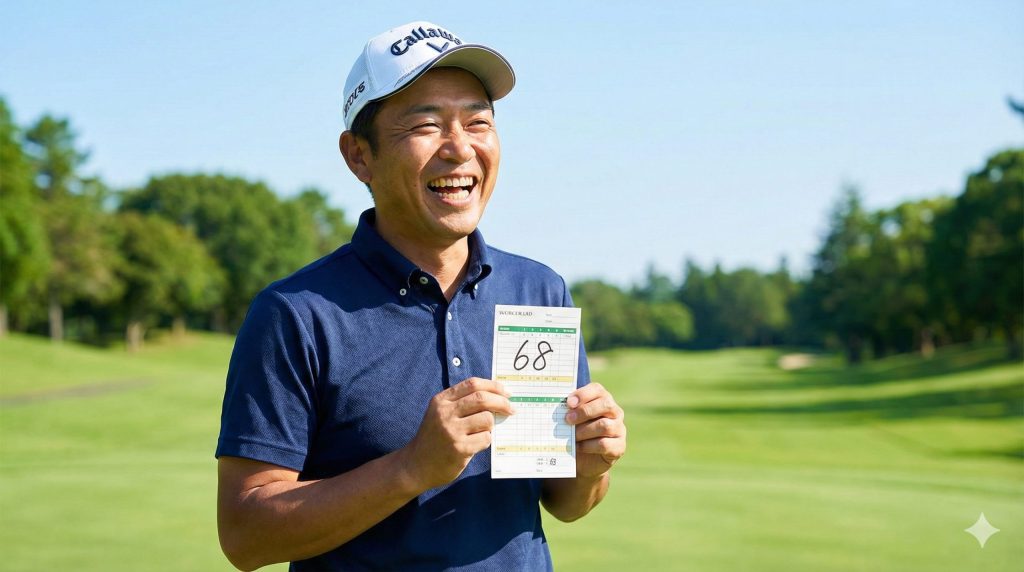 スコアカードを持って喜ぶ日本人男性ゴルファー