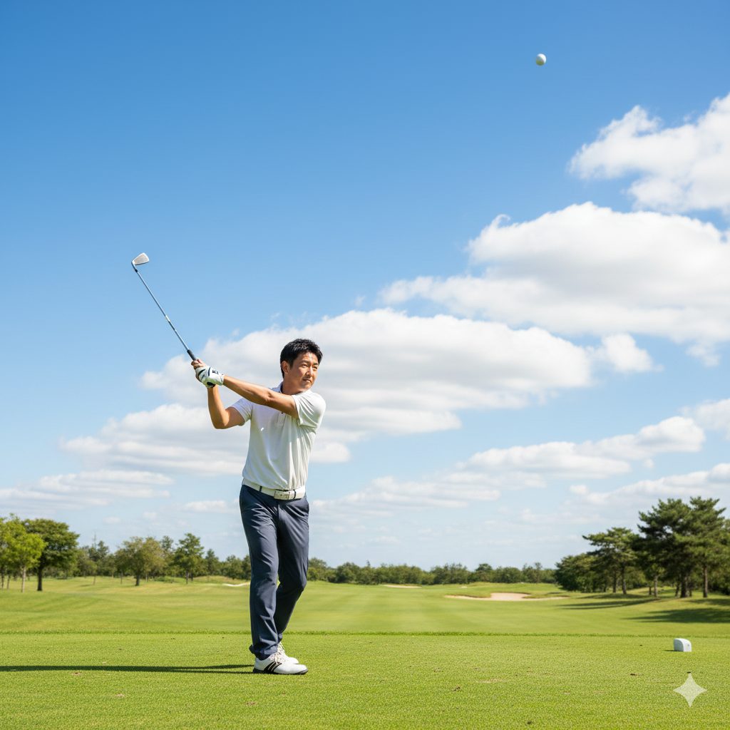 ゴルフコースでアイアンショットを打つゴルファーと飛んでいくボールの軌道