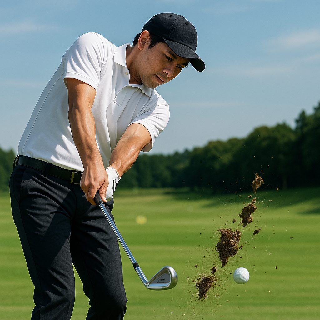 ステルスアイアンでダウンブロー気味にスイングする男性ゴルファー
