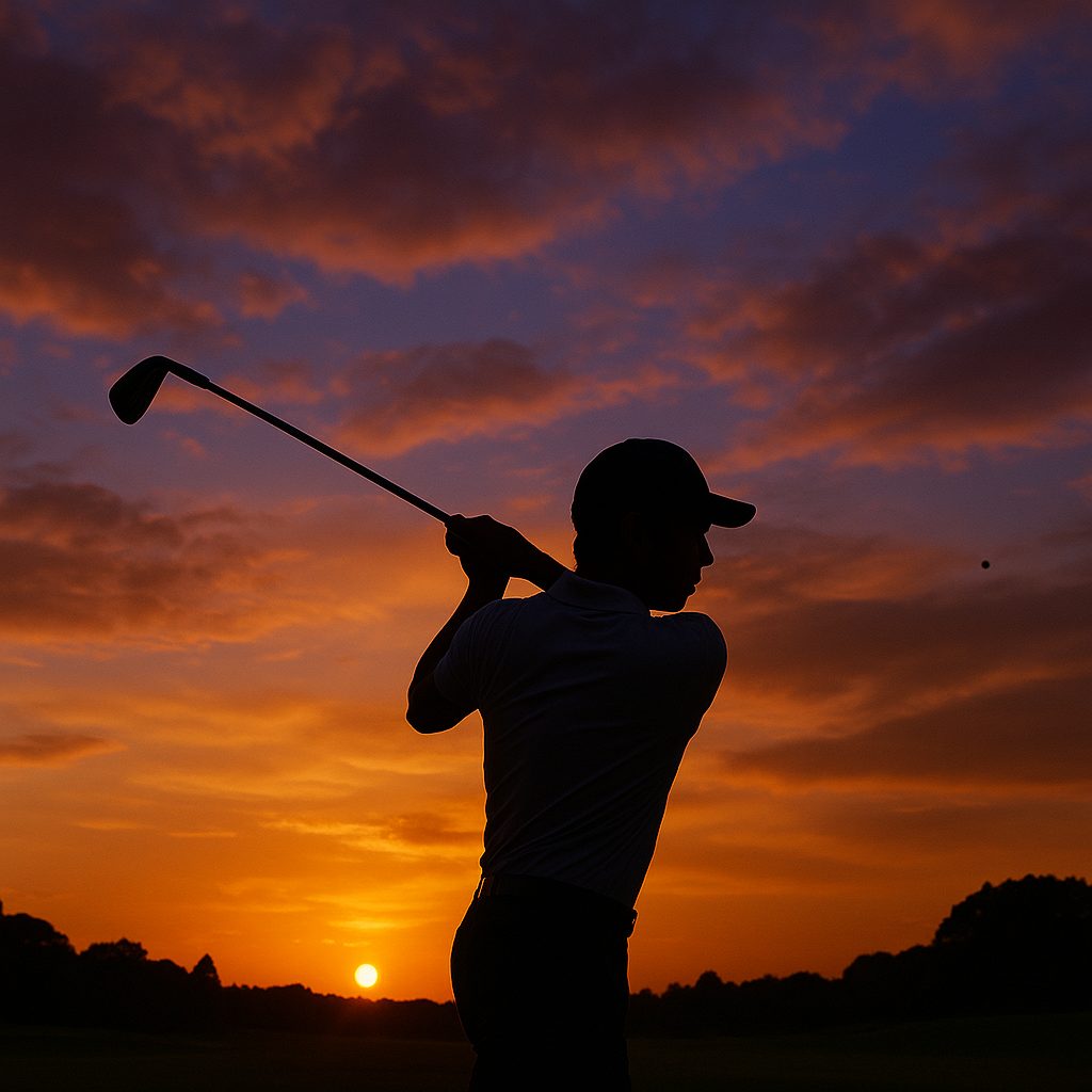 ステルスアイアンでナイスショットを打つゴルファーのシルエット