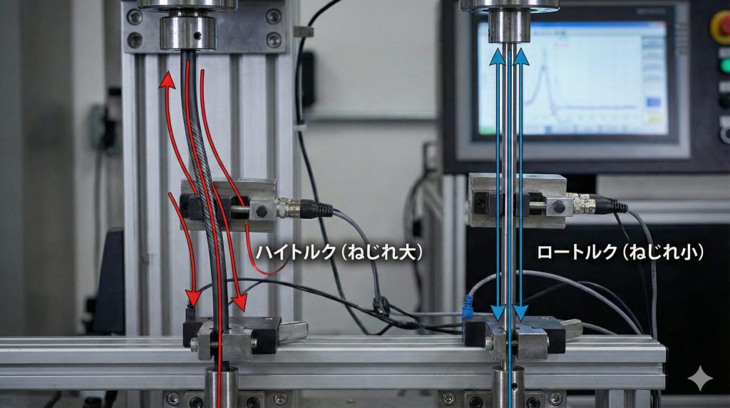 トルクが大きいシャフトのねじれと、トルクが少ないシャフトの安定性を比較した実験写真