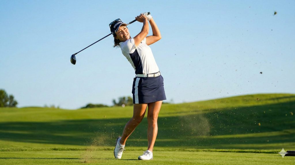 自信に満ちた表情でドライバーのスイングフィニッシュを決める日本人女性ゴルファー
