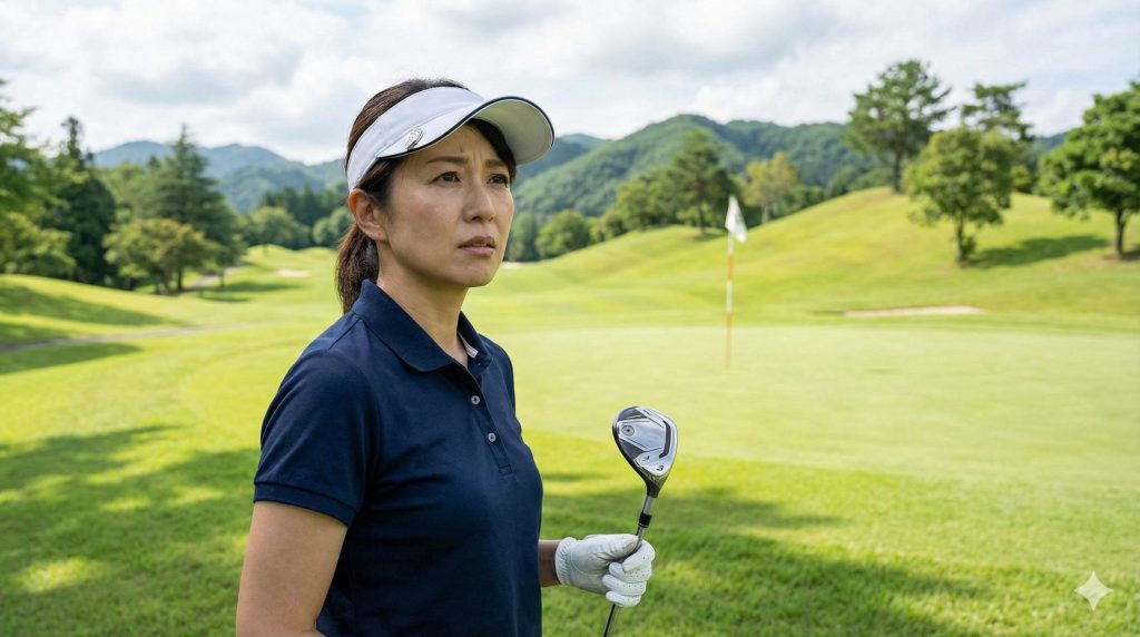 フェアウェイで3番ユーティリティを持ち、どう打つか悩んでいる様子の日本人女性ゴルファー