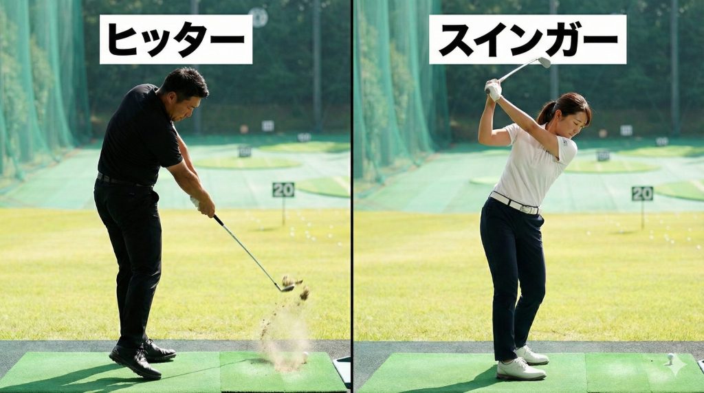 左側のパワフルなヒッタータイプと、右側の滑らかなスインガータイプのスイング比較写真