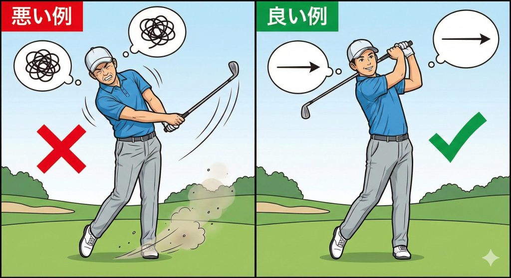 NGスイングと正しいスイングを比較する左右分割画像