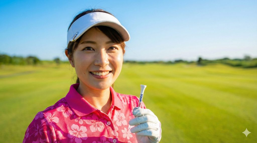 ツアーティーを使ってラウンドを楽しむ女性ゴルファー 