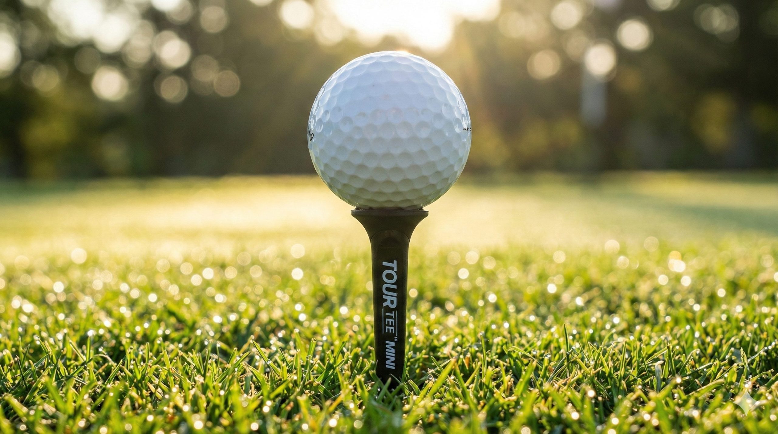 ゴルフ場のグリーンに刺さったツアーティーとゴルフボール