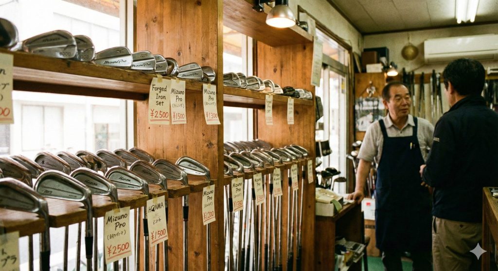 ゴルフショップに陳列された中古アイアンクラブ