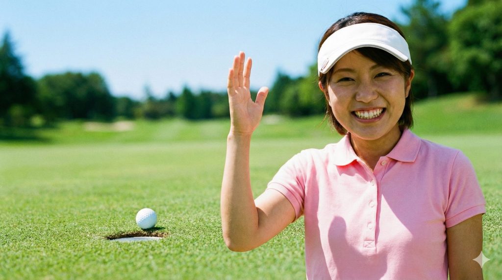 グリーン上でピンそばにつけたボールを見て喜ぶ日本人女性ゴルファー 