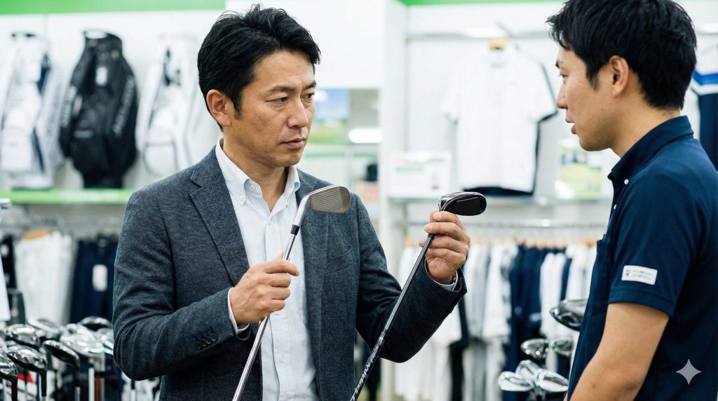 ゴルフショップで店員と相談しながら2本のユーティリティクラブを比較検討する40代男性 