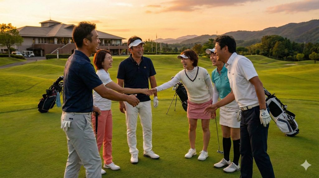  ラウンド終了後、満足げな表情で握手をする日本人ゴルファーたち 