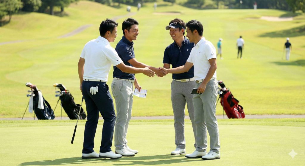 ホールアウト後、健闘を称え合って握手をする30〜40代の日本人男性ゴルファーたち。競技ゴルフの爽やかな友情とライバル関係を表現。